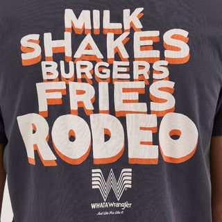 A zoomed-in view of the back of the t-shirt, focusing on the bold Western-style typography listing "MILK SHAKES BURGERS FRIES RODEO" with the Whataburger Flying W logo below.