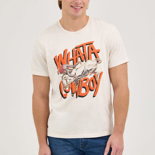 A close-up of the front of the Wrangler® x Whataburger® Cowboy Graphic White T-Shirt, showing the distressed-style graphic of a bucking bronco and a cowboy with "WHATA COWBOY" in bold orange letters.