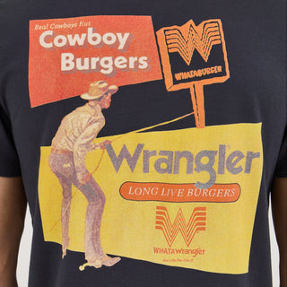 A detailed close-up of the back design on the Wrangler® x Whataburger® Cowboy Burgers Black T-Shirt, highlighting the cowboy artwork, signage, and classic Whataburger Flying W logo with retro-inspired branding.