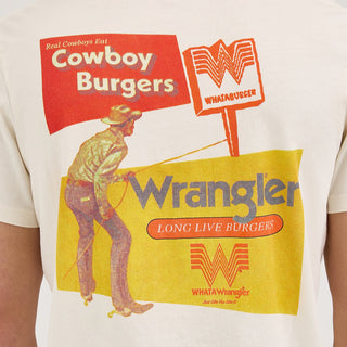 A detailed look at the vintage-inspired back print of the Wrangler® x Whataburger® Cowboy Burgers White T-Shirt. The design features an old-school advertisement aesthetic with bold typography and nostalgic cowboy imagery.