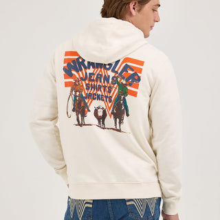 Back view of the Wrangler® x Whataburger® Cream Hoodie – A male model showcases the back of the Wrangler® x Whataburger® Cream Hoodie, featuring a bold Western-themed graphic with cowboys on horseback, a longhorn steer, and "WRANGLER JEANS SHIRTS JACKETS" text against an orange-striped backdrop.