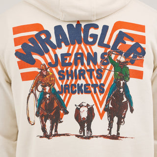 Close-up of the back graphic on the Wrangler® x Whataburger® Cream Hoodie – A detailed view of the Western-inspired back graphic, featuring cowboys, a lasso, and the Wrangler® and Whataburger® branding in bold colors.