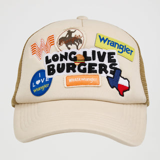 Front view of the Wrangler® x Whataburger® Long Live Burgers Patch Trucker Hat – A straight-on view of the hat's front panel, featuring an array of embroidered patches, including a large "LONG LIVE BURGERS" patch with a burger icon, a Texas-shaped patch, a "Wrangler" logo patch, and a "WHATAWrangler" patch. The hat has a curved brim in khaki.