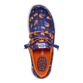 Blue shoe with orange accents and 'Hey Dude' text on a white background