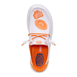 White and orange shoe with branding on a white background