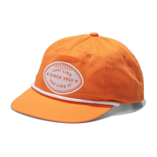 Orange cap with white text and logo on a white background