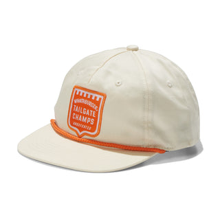 Beige cap with an orange logo on a white background