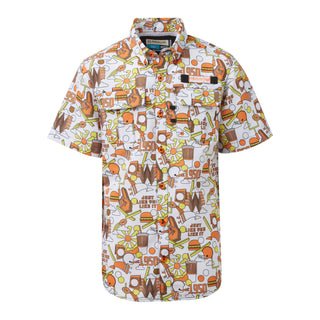 Short-sleeve shirt with colorful pattern on a white background