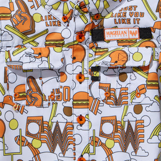 Shirt with colorful graphic design featuring text and symbols on a white background