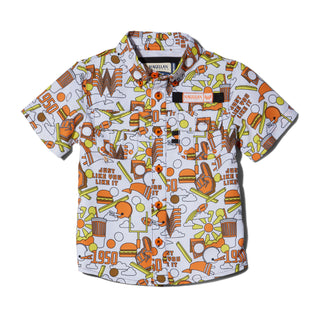 Short-sleeve shirt with colorful graphic design on a white background
