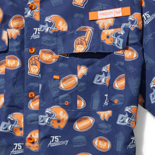 Navy blue shirt with orange and white graphics and text, featuring a '75th Anniversary' design.