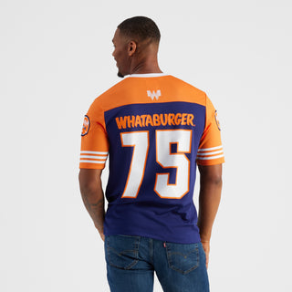 Person wearing a sports jersey with 'Whataburger' and number '75' on a white background