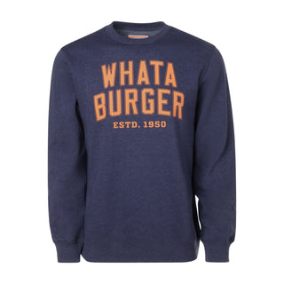 Navy blue sweatshirt with 'WHATA BURGER EST. 1950' text in orange on a white background