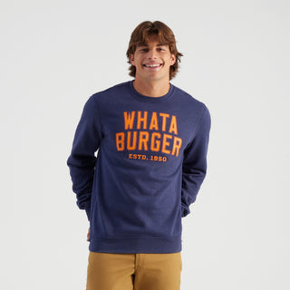 Person wearing a navy blue sweatshirt with 'WHATA BURGER EST. 1950' text on a white background