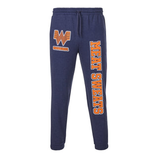 Navy sweatpants with orange and white text and logo on a white background