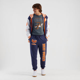 Person wearing a tracksuit with a gray shirt and navy pants on a white background