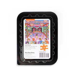 Jigsaw puzzle packaging with a colorful illustration on a white background