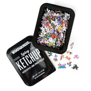 Jigsaw puzzle in an oversized Whataburger Spicy Ketchup container with scattered pieces on a white background