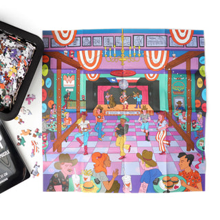 Colorful illustration of a dance hall scene with people and a jukebox, featuring a puzzle box on the left.