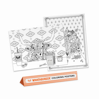 Coloring poster with longhorn cow and Whataburger branding, accompanied by a box.
