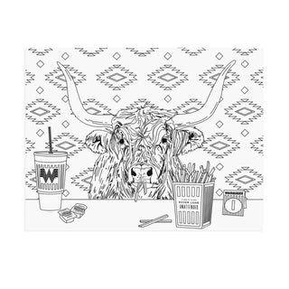 Illustration of a longhorn cow at a table with Whataburger food and drinks on a patterned background.