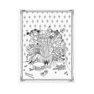 Black and white illustration of a bouquet of flowers in a Whataburger fry box with decorative elements on a white background.