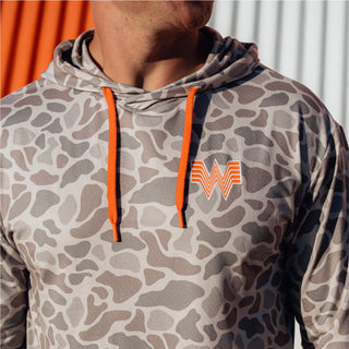 Close-up of gray camo hoodie with orange drawstrings and Whataburger "W" logo on the chest.
