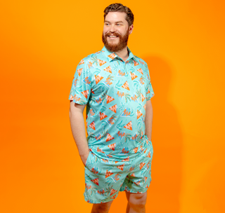 View man wearing Whataburger x Chubbies 90s Polo and Swim Trunks