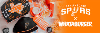 View San Antonio Spurs x Whataburger collab WhataSpurs shirt and hat alongside assorted Whataburger food items. Reads San Antonio Spurs x Whataburger.