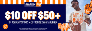 Promotional banner for Academy Sports + Outdoors and Whataburger with a discount offer.