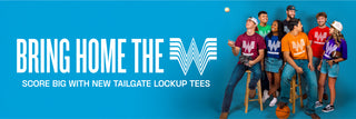 Promotional banner for tailgate lockup tees with people in colorful tailgate lockup tees against a blue background.
