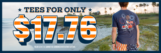 Beach scene with a man wearing a patriotic Whataburger tee and shorts. Text reads 'Tees for only $17.76' with promo details valid 6/24–7/4.
