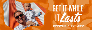 Father and child wearing matching Whataburger x Burlebo outfits pose in front of an orange and white striped wall with text reading 'Get it while it lasts.'