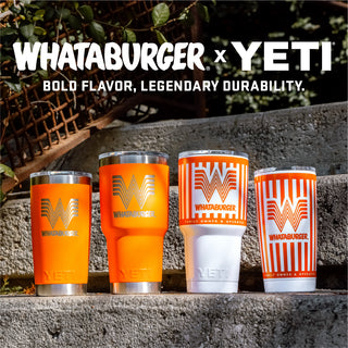 Whataburger x YETI® collaboration featuring four branded YETI® tumblers in orange and white with the Whataburger logo, displayed on outdoor concrete steps. Bold text on the right reads 'WHATABURGER x YETI®' with the tagline 'Bold Flavor, Legendary Durability.