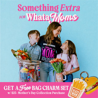Promotional image for a Mother's Day collection with a woman and children holding flowers against a blue background.