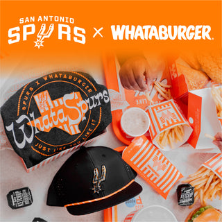 View San Antonio Spurs x Whataburger collab WhataSpurs shirt and hat alongside assorted Whataburger food items. Reads San Antonio Spurs x Whataburger.