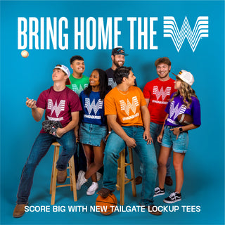 Promotional banner for tailgate lockup tees with people in colorful tailgate lockup tees against a blue background.