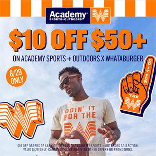 Promotional advertisement for Academy Sports + Outdoors and Whataburger with a man holding a football and promotional text.