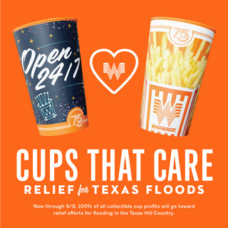 Two Whataburger cups on an orange background with a heart symbol and text about flood relief efforts.