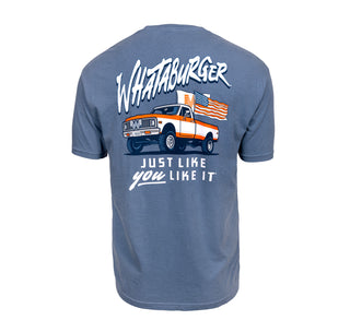 View flat lay of back of Whataburger Flag Truck Tee. Reads Just Like You Like It. 