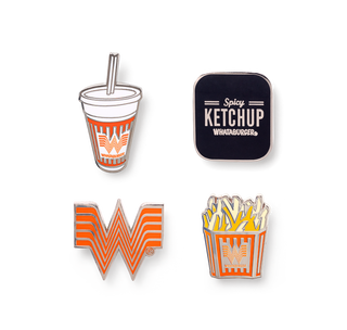 View Whataburger enamel pin set with cup, spicy ketchup, flying w, and fries