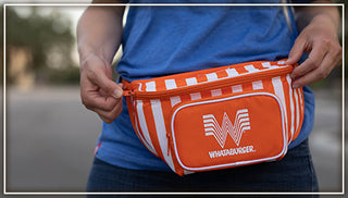 View person wearing a Whataburger Igloo fanny pack. Reads Unique Gift Ideas. 