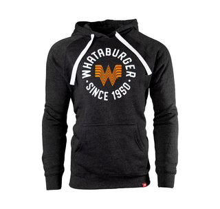 view charcoal sportiqe hoodie with white drawstrings and a kangaroo pouch. the design features the text 'whataburger since 1950' in a circle around the iconic flying w logo
