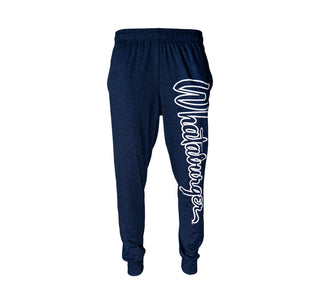 view whataburger navy sweatpants with white script lettering down the left leg.