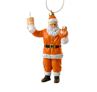 view whataburger santa ornament. santa is holding a ball ornament with the flying w logo and a whataburger cup with straw.