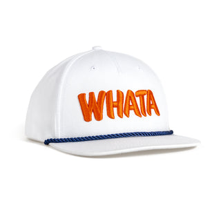 view whata hat front with orange embroidered W H A T A letters and a blue brim rope.
