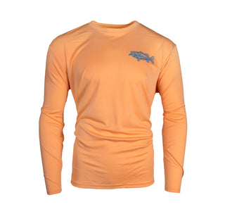 view front of whataburger fishing club uv tee long sleeve in peach colorway.