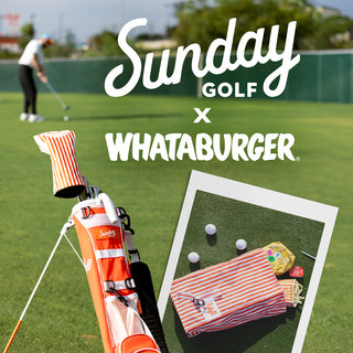 View golf course scene featuring Whataburger Sunday Golf Loma Bag and Burger Bag. Reads Sunday Golf x Whataburger