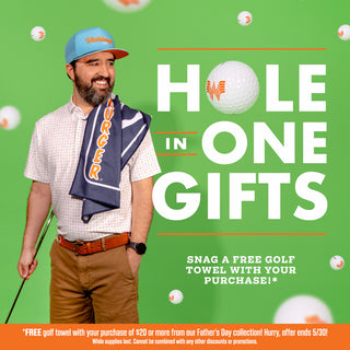 View man wearing whataburger polo, hat and golf towel. Reads hole in one gifts. snag a free golf towel with your purchase of $20 or more from our father's day collection. Offer ends 5/30. While supplies last, cannot be combined with any other discounts or promotions.