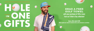 View man wearing whataburger polo, hat and golf towel. Reads hole in one gifts. snag a free golf towel with your purchase of $20 or more from our father's day collection. Offer ends 5/30. While supplies last, cannot be combined with any other discounts or promotions.
